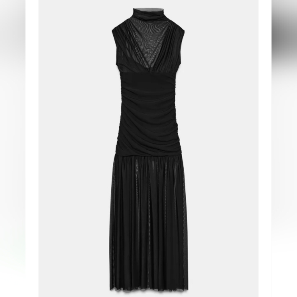 Zara Elegant Black Combined Draped Long  Dress - Picture 2 of 13